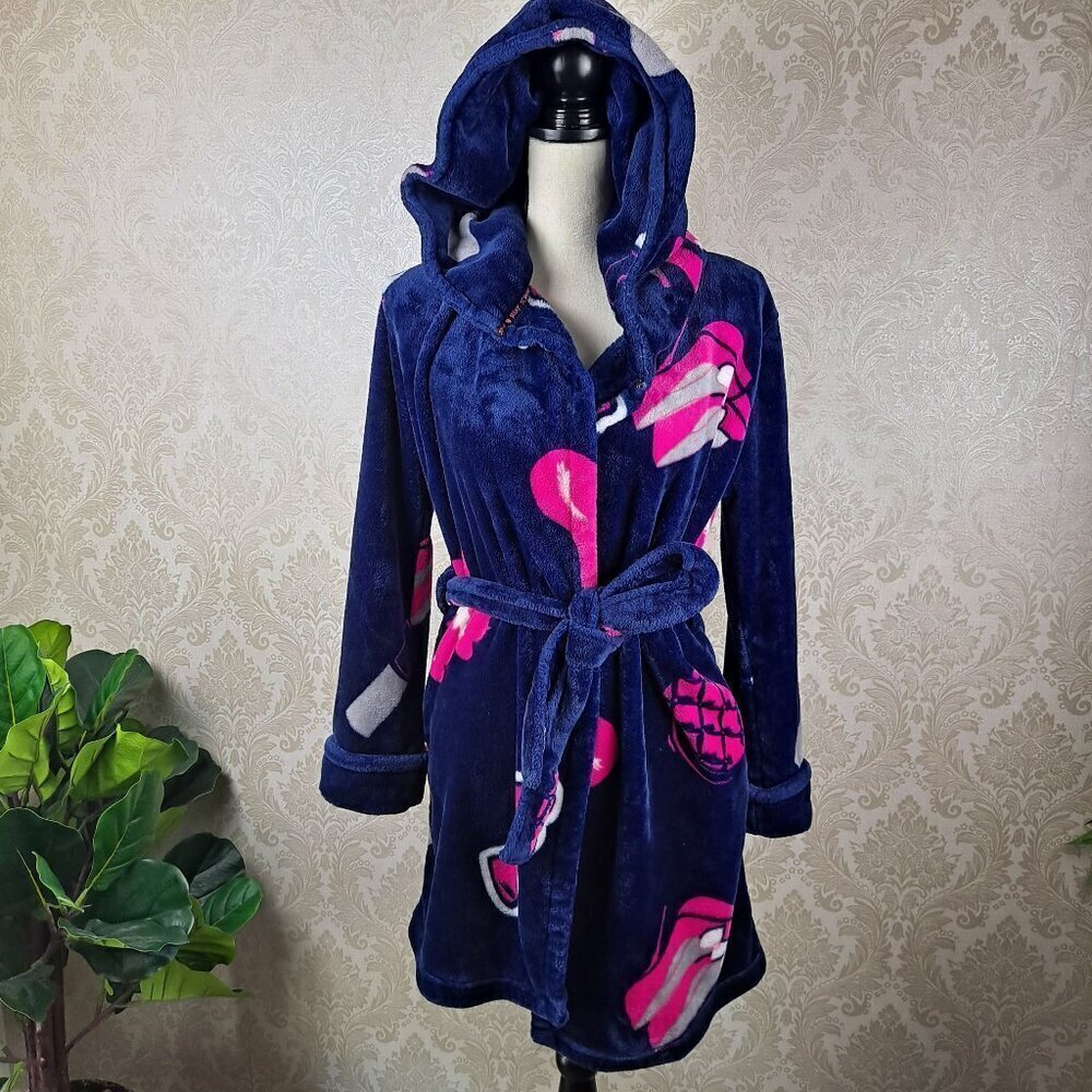 Betsey Johnson Size XS/S Bathrobe Navy Blue Pink White Lipstick High Heels Print